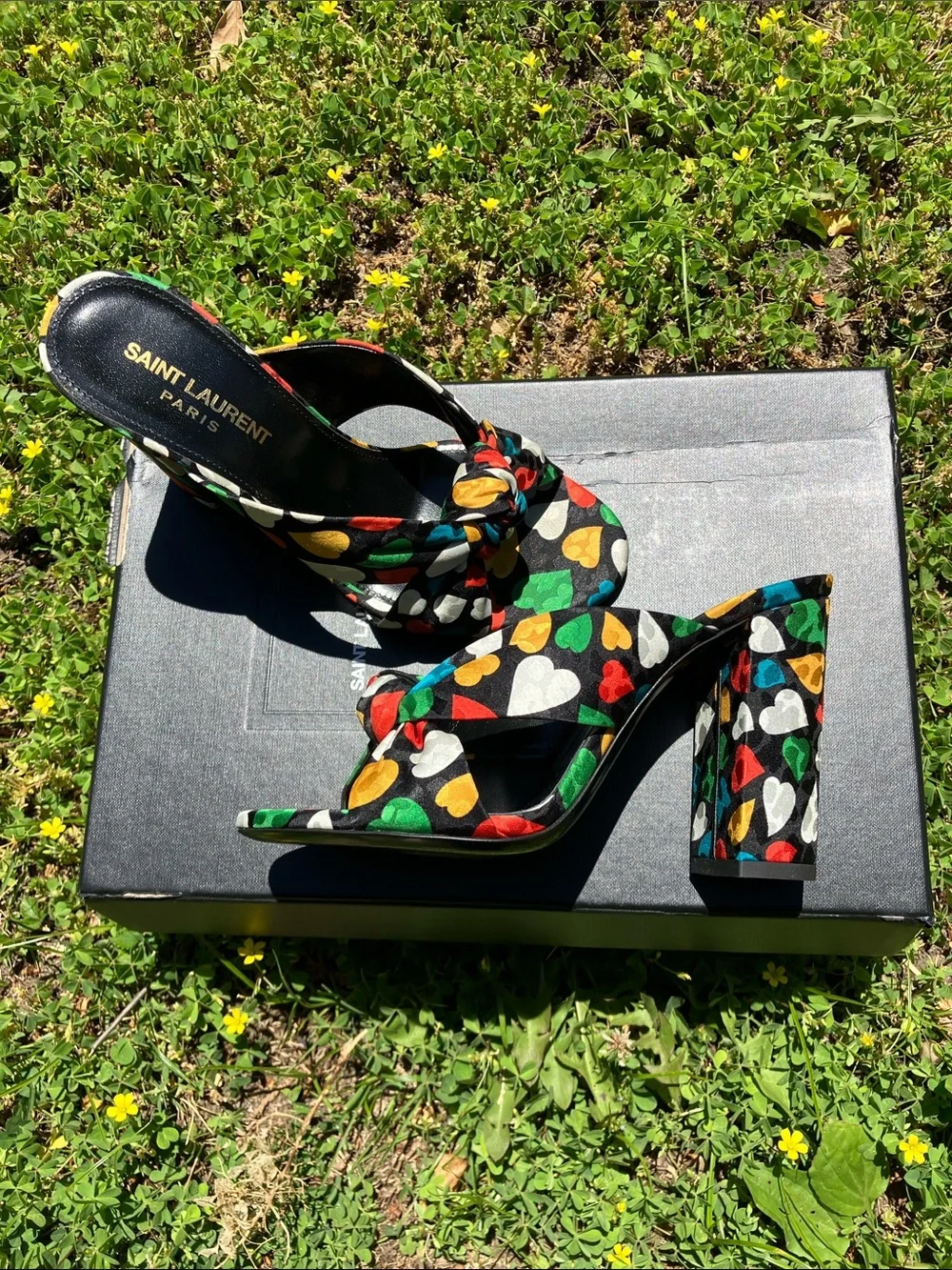 Saint Laurent Bianca Black Multi Heart-Knot Slide Heels - Picture 4 of 8